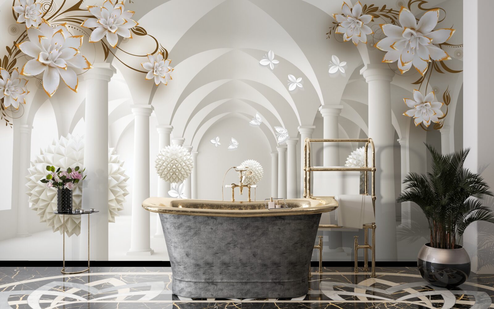 Fototapeta korytarz w stylu gotyckim ozdobiony pływającymi kulkami i kwiatami