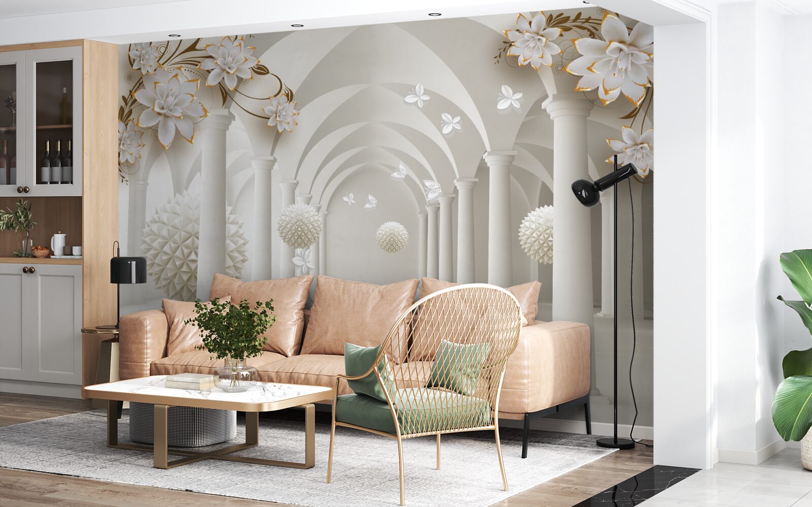 Fototapeta korytarz w stylu gotyckim ozdobiony pływającymi kulkami i kwiatami