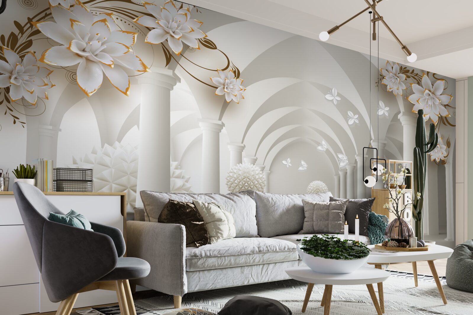 Fototapeta korytarz w stylu gotyckim ozdobiony pływającymi kulkami i kwiatami