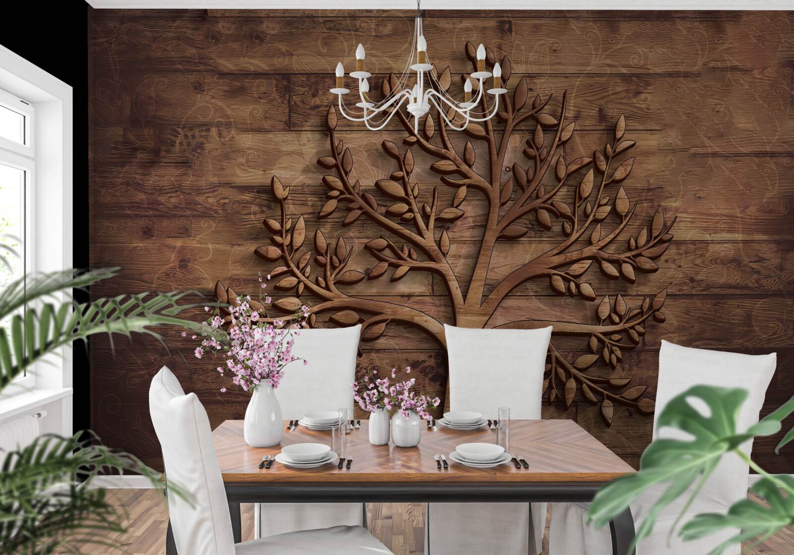 Fototapeta drzewo liściaste na drewnianym tle