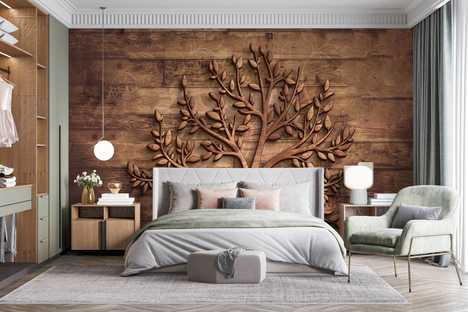 Fototapeta drzewo liściaste na drewnianym tle