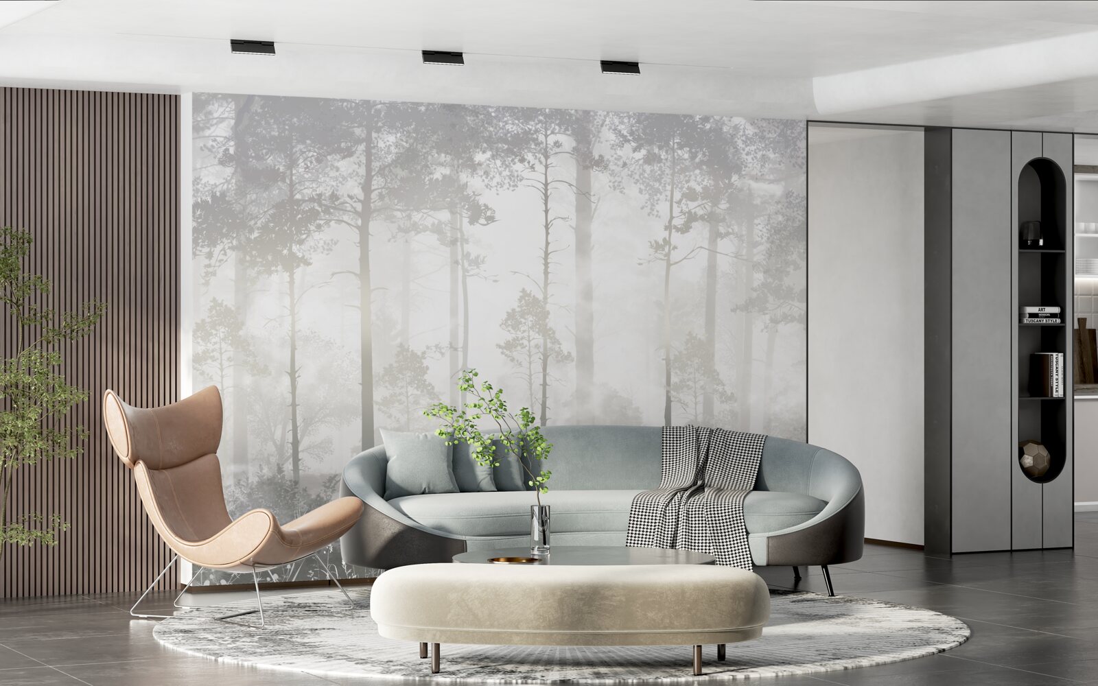 Fototapeta mglisty las usiany jest wysokimi sosnami, jak w bajce