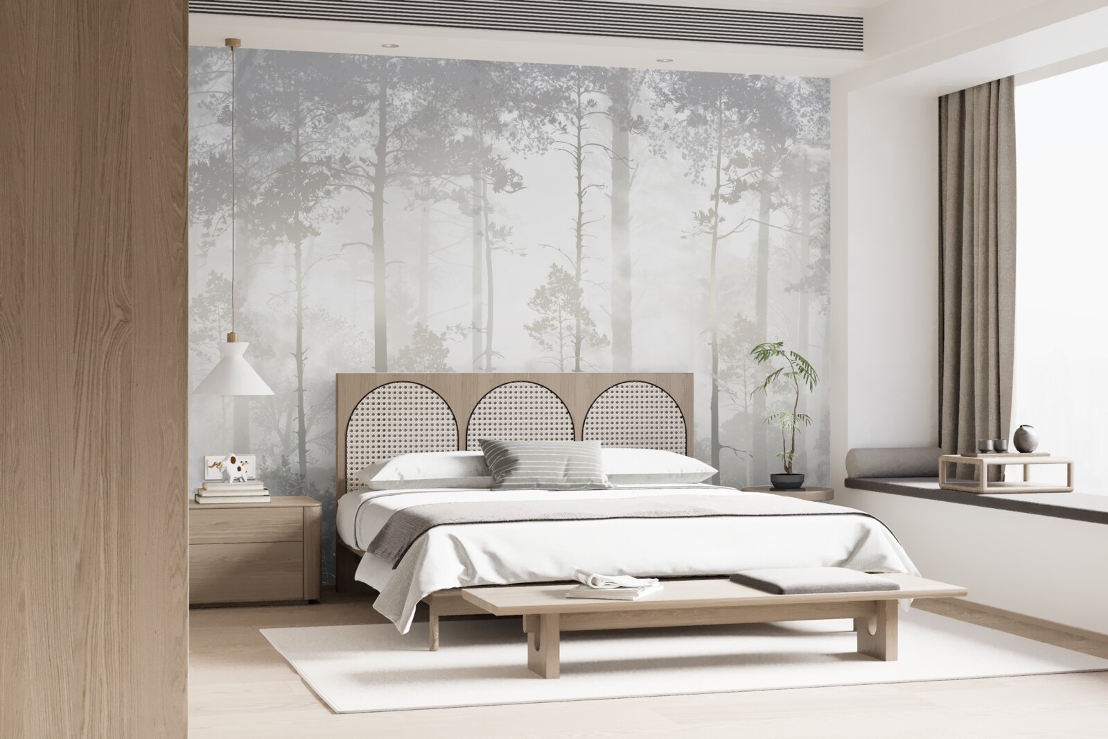 Fototapeta mglisty las usiany jest wysokimi sosnami, jak w bajce