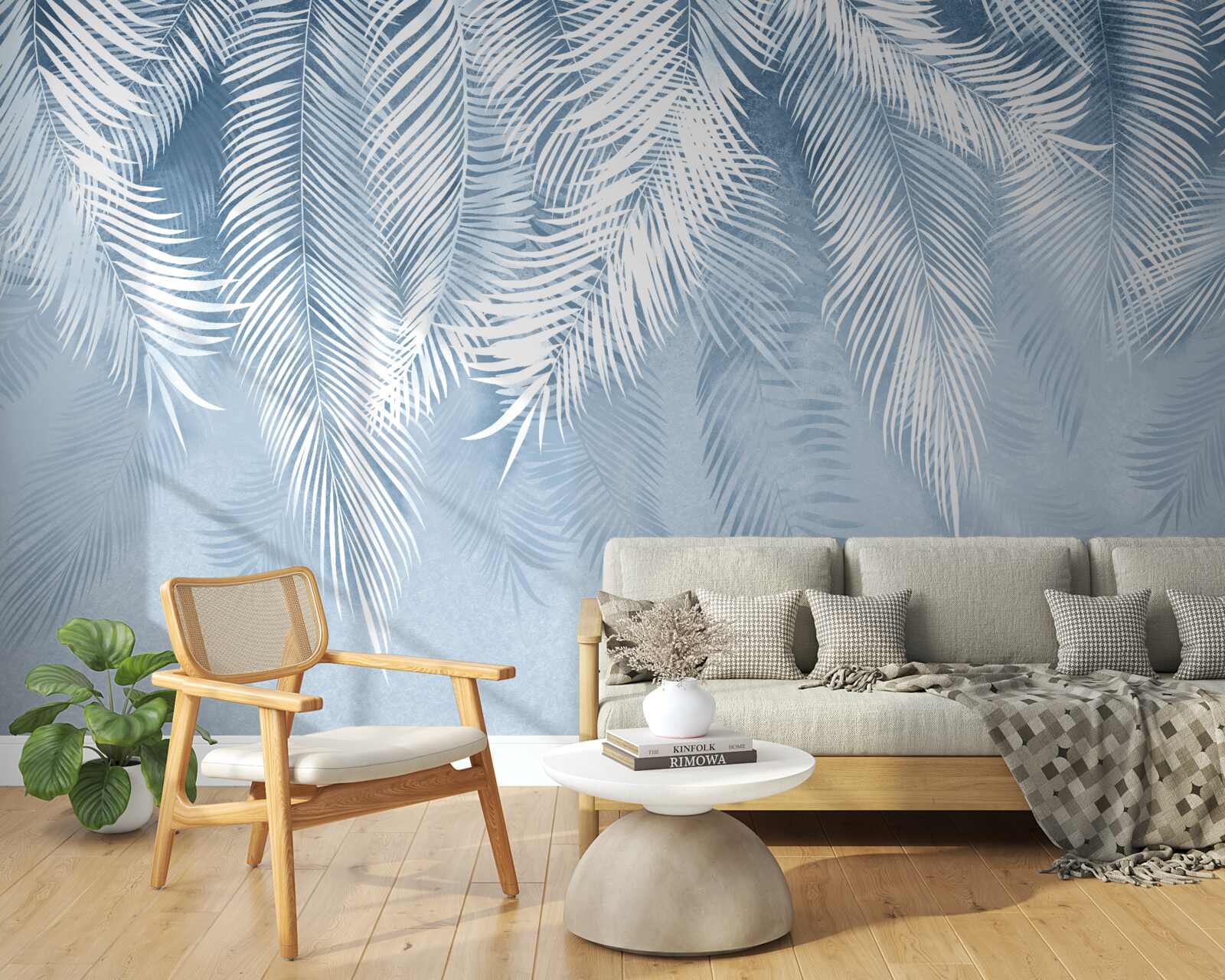 Fototapeta białe i niebieskie pióra na zimowych liściach