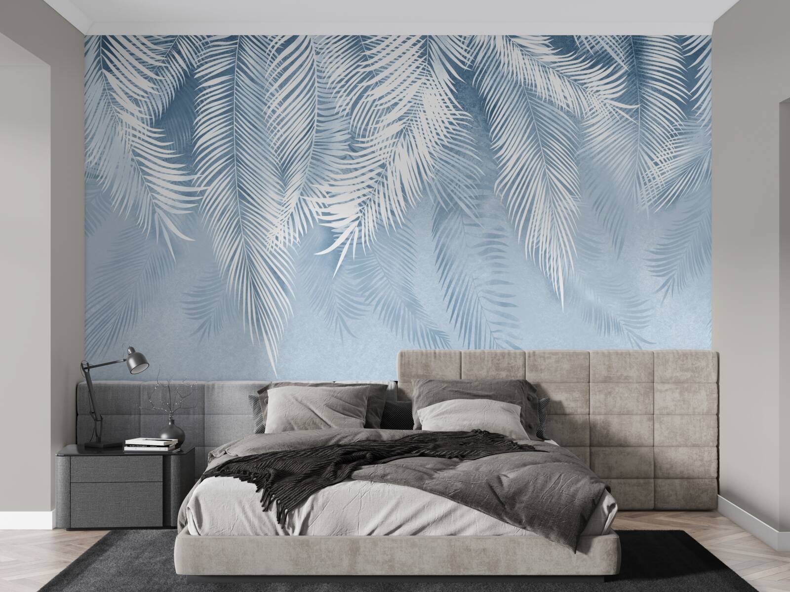 Fototapeta białe i niebieskie pióra na zimowych liściach