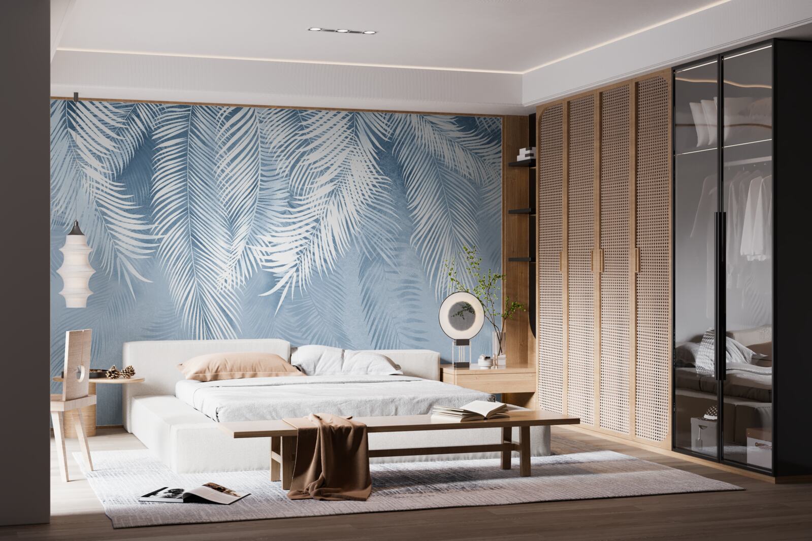 Fototapeta białe i niebieskie pióra na zimowych liściach