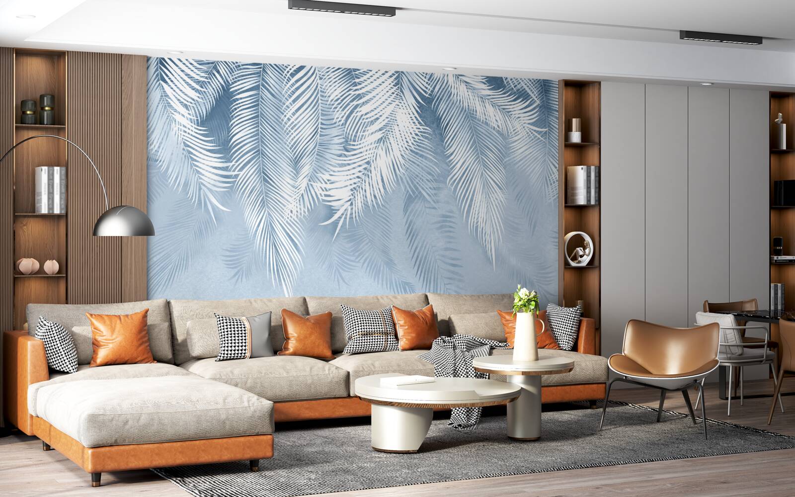 Fototapeta białe i niebieskie pióra na zimowych liściach