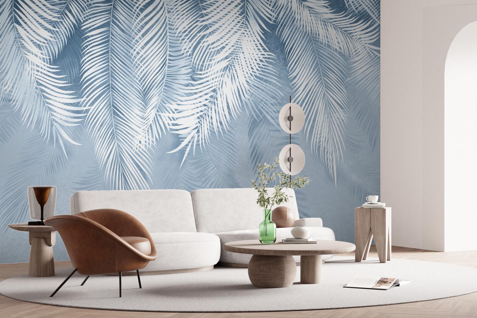 Fototapeta białe i niebieskie pióra na zimowych liściach