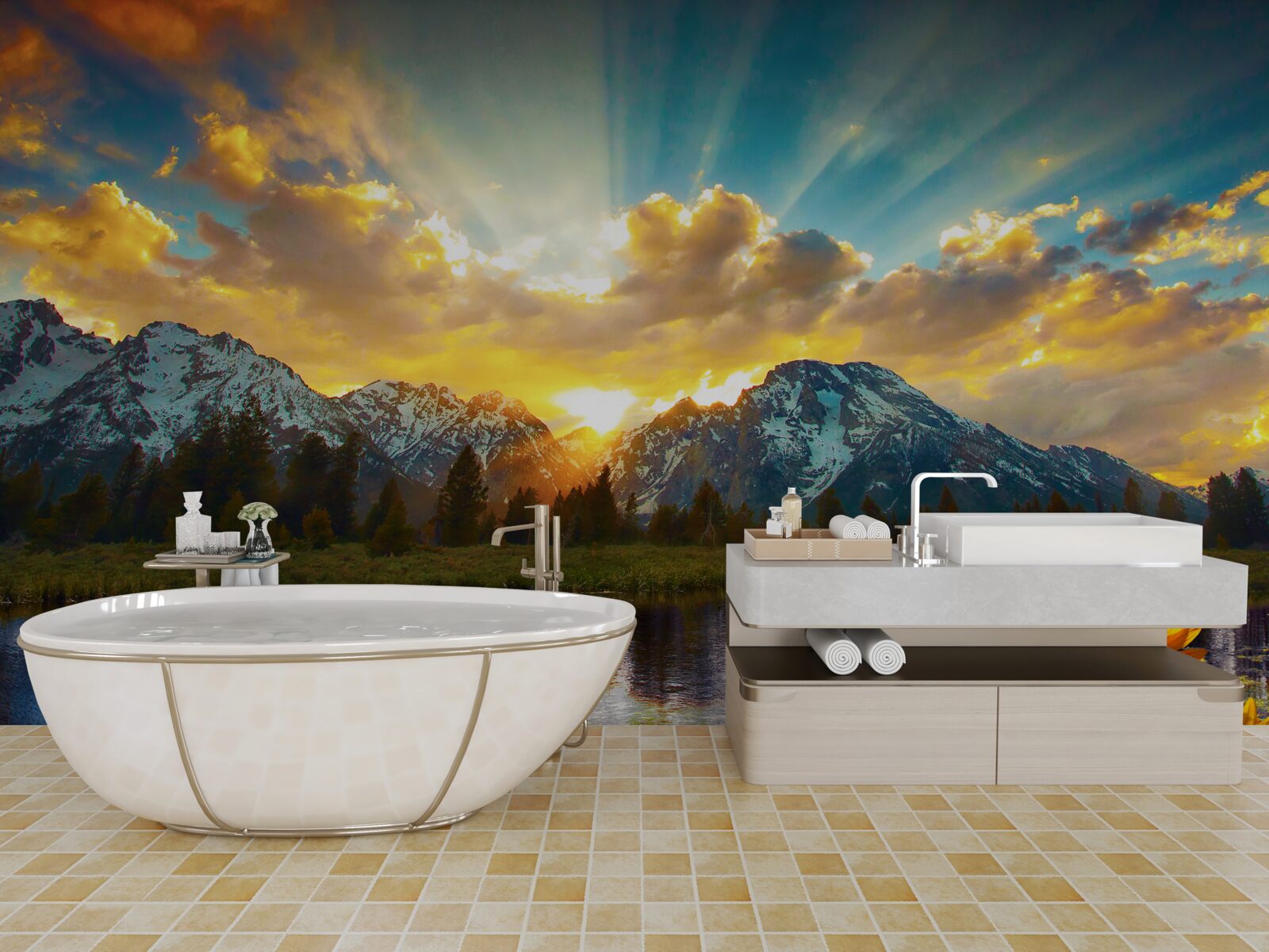 Fototapeta magiczny zachód słońca nad wysokogórską rzeką