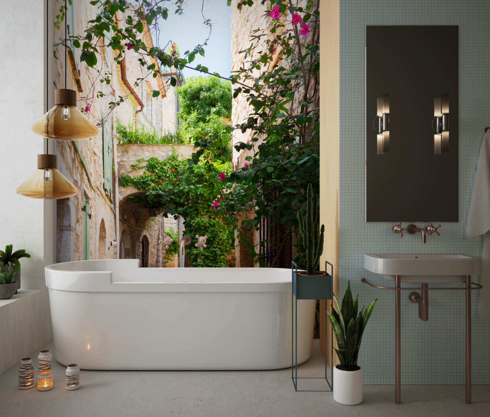 Fototapeta starożytna wąska uliczka ozdobiona żywymi roślinami