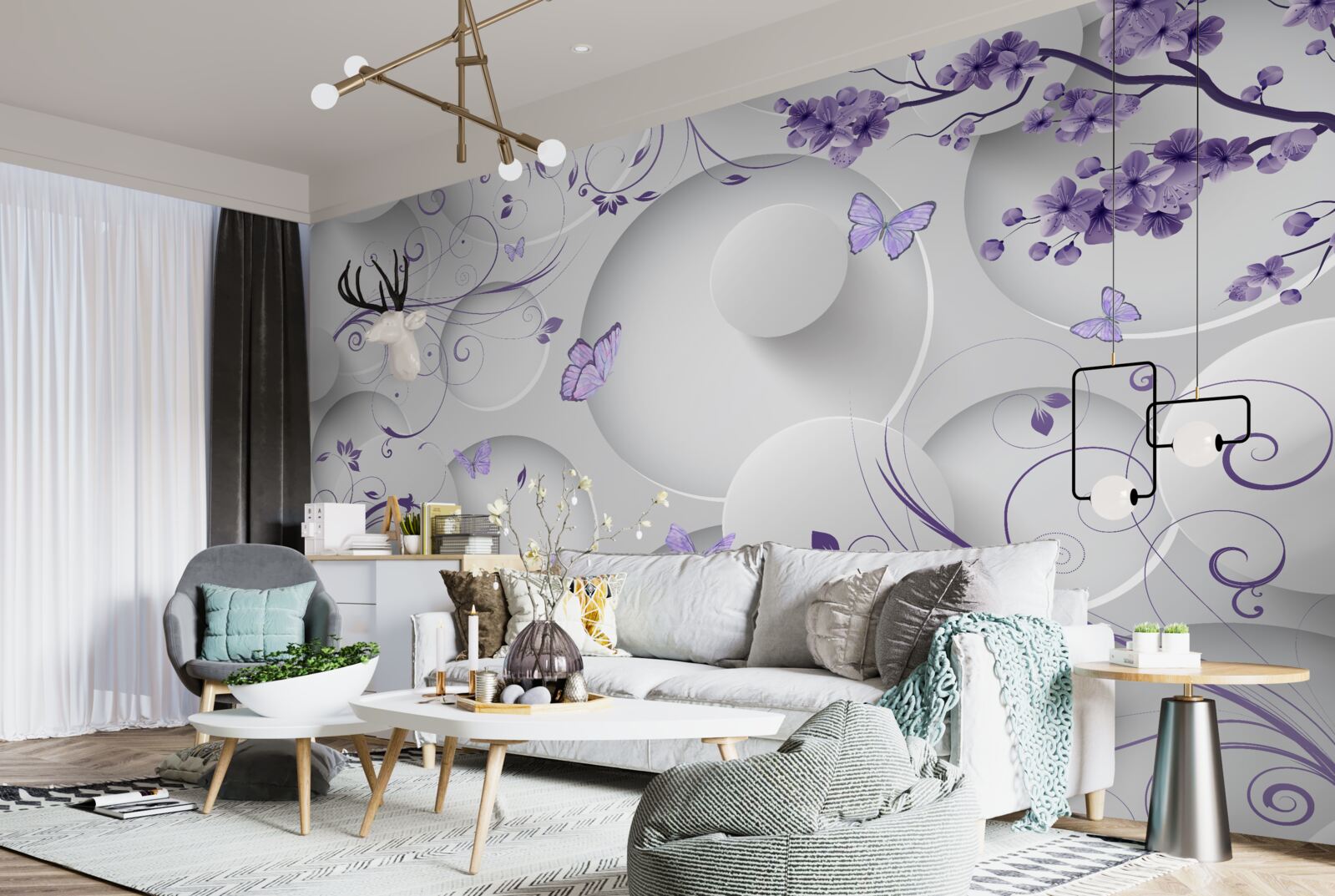 Fototapeta motyle i fioletowe kwiaty