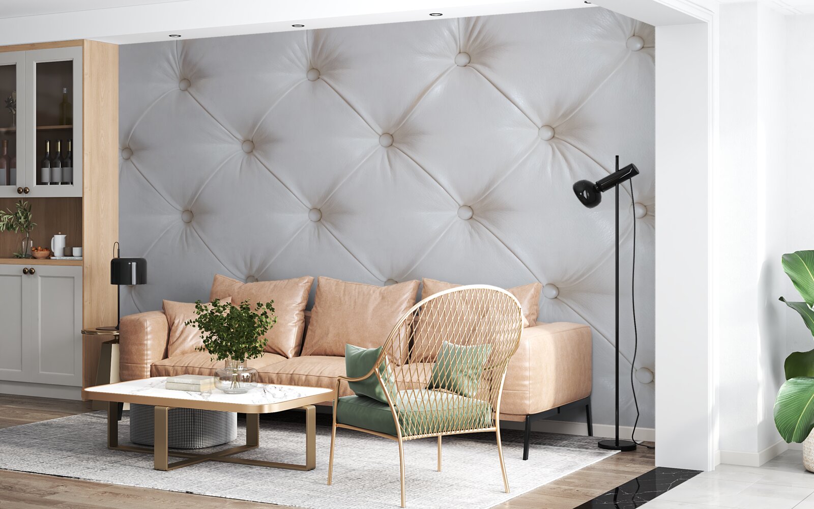 Fototapeta tapicerka z białej skóry z dekoracją ze strasu