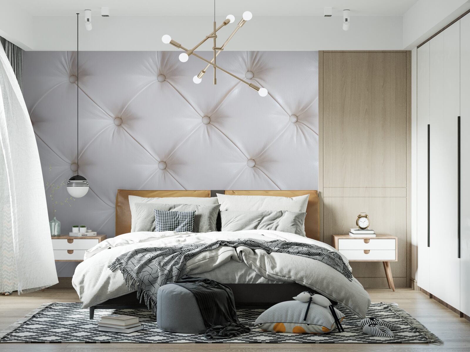 Fototapeta tapicerka z białej skóry z dekoracją ze strasu