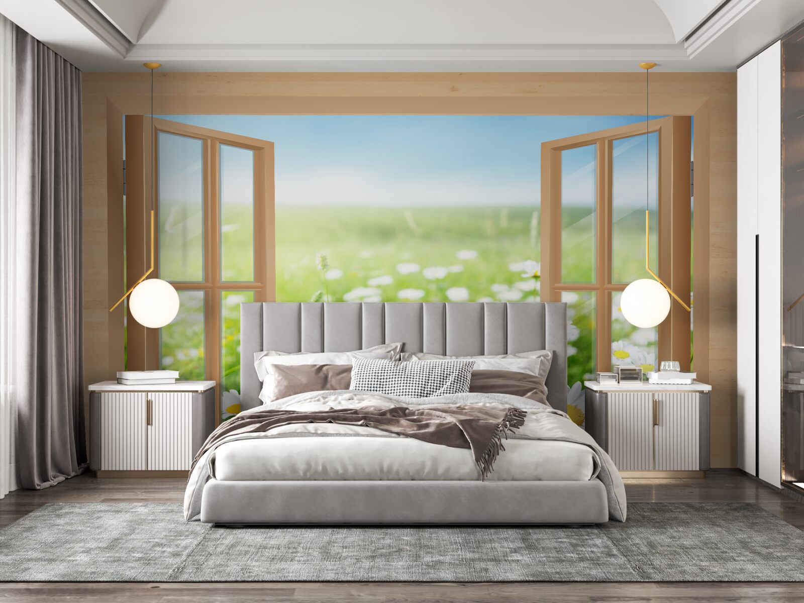 Fototapeta widok z okna na pole rumianku