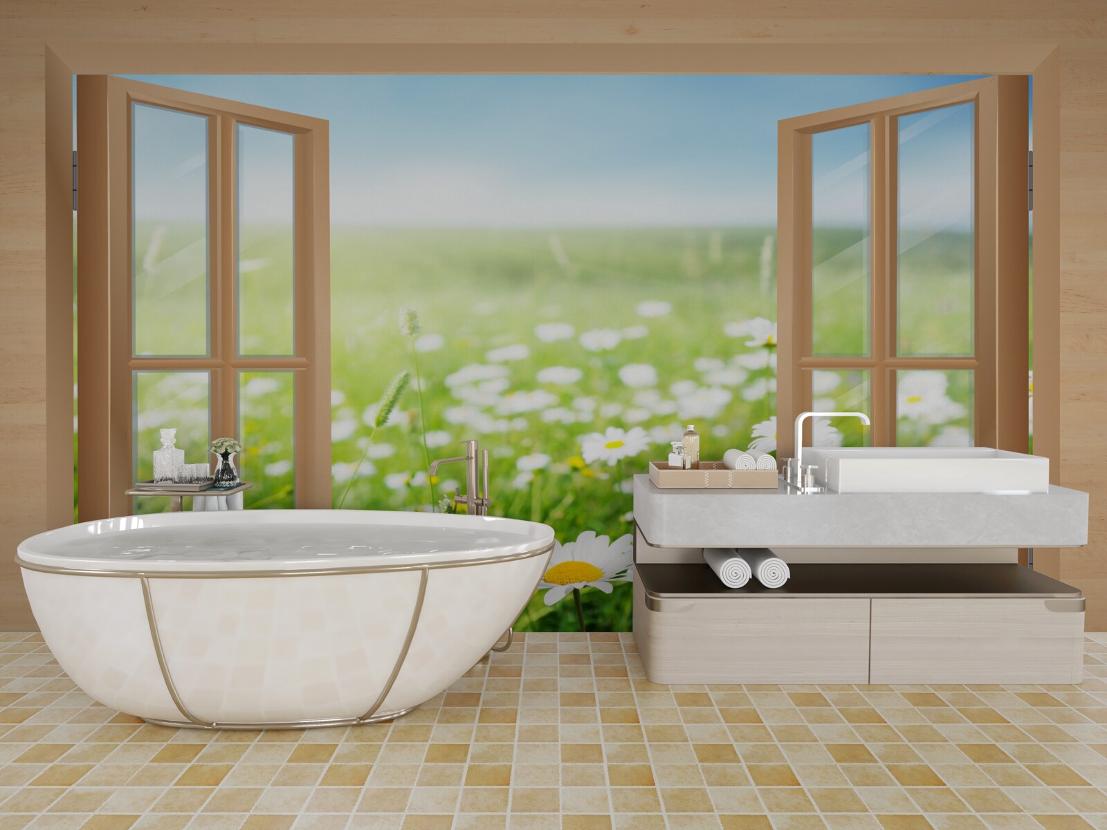 Fototapeta widok z okna na pole rumianku