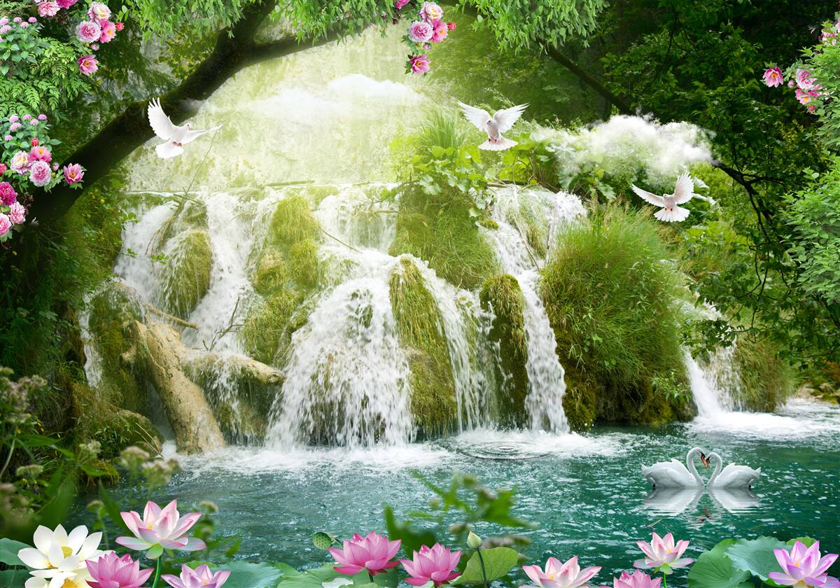 Fototapeta spadająca woda z leśnego wodospadu