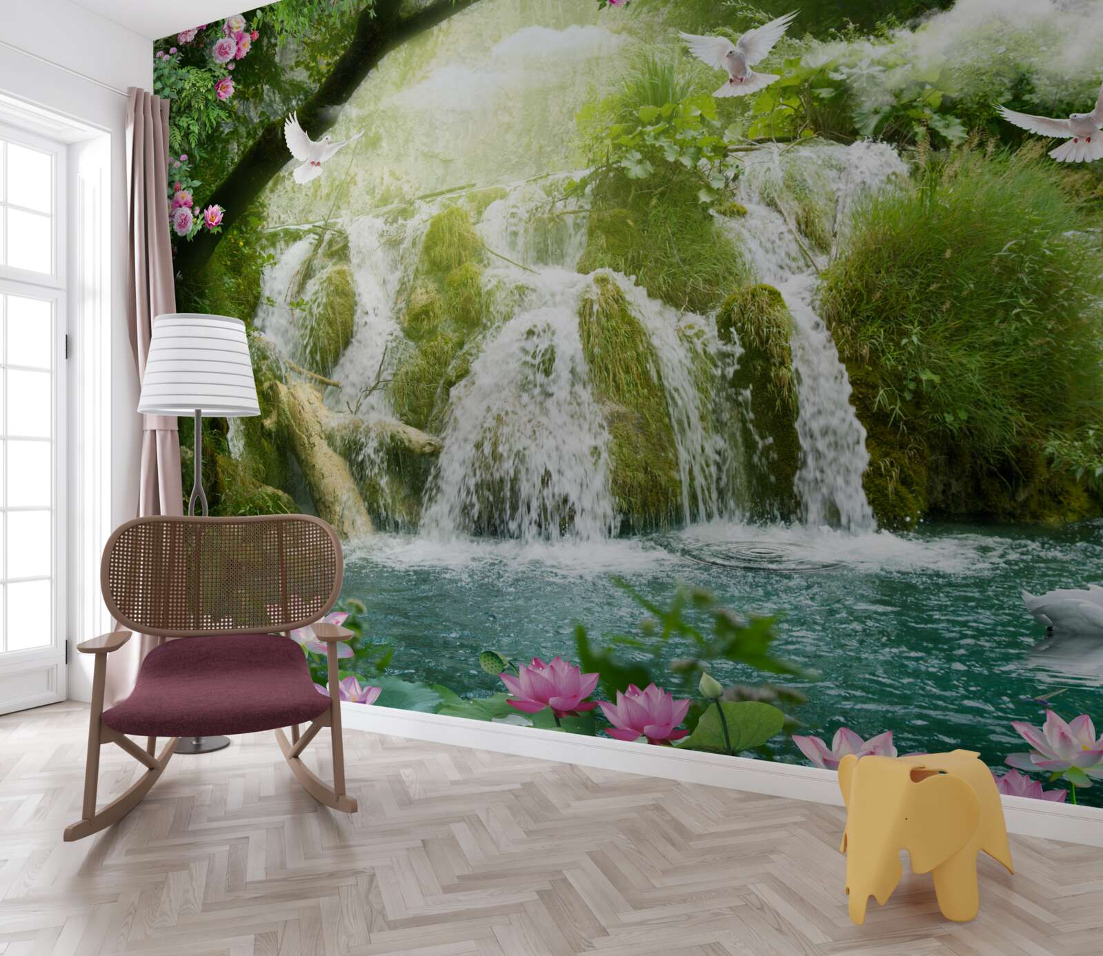 Fototapeta spadająca woda z leśnego wodospadu