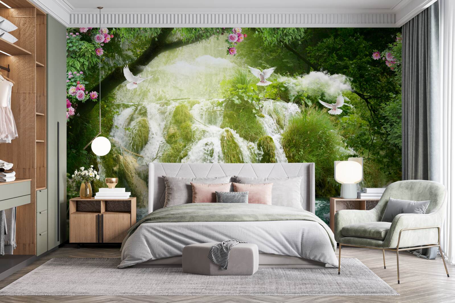 Fototapeta spadająca woda z leśnego wodospadu