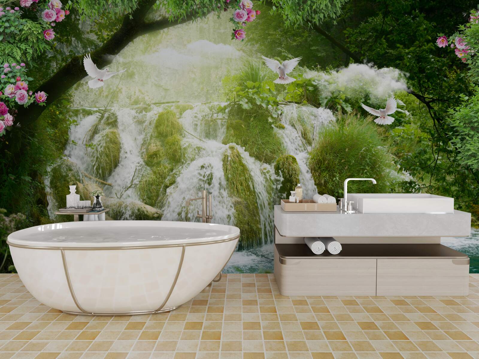 Fototapeta spadająca woda z leśnego wodospadu