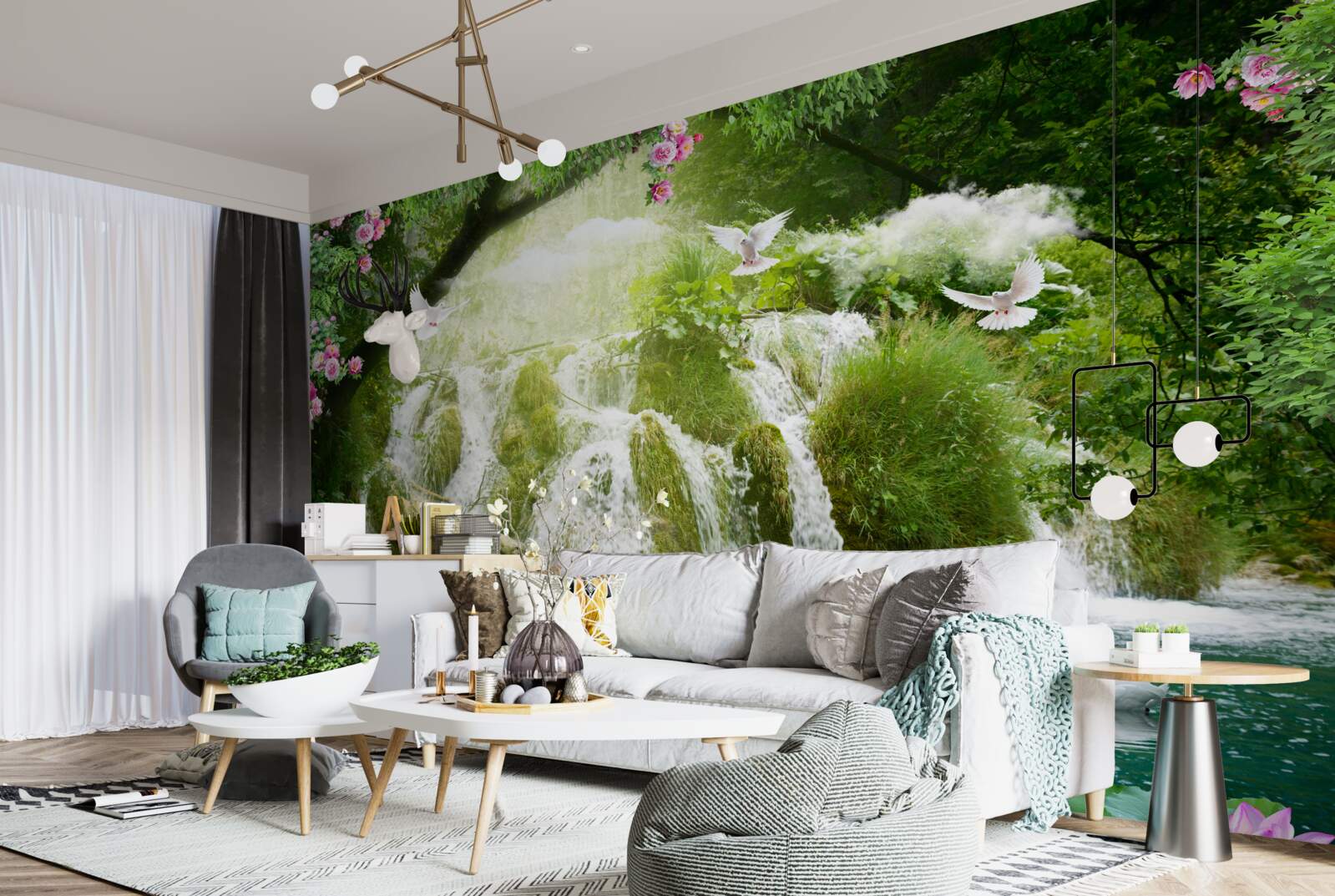 Fototapeta spadająca woda z leśnego wodospadu