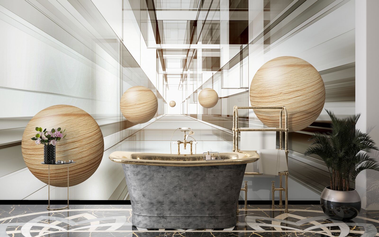 Fototapeta drewniane kule w tunelu na optykę