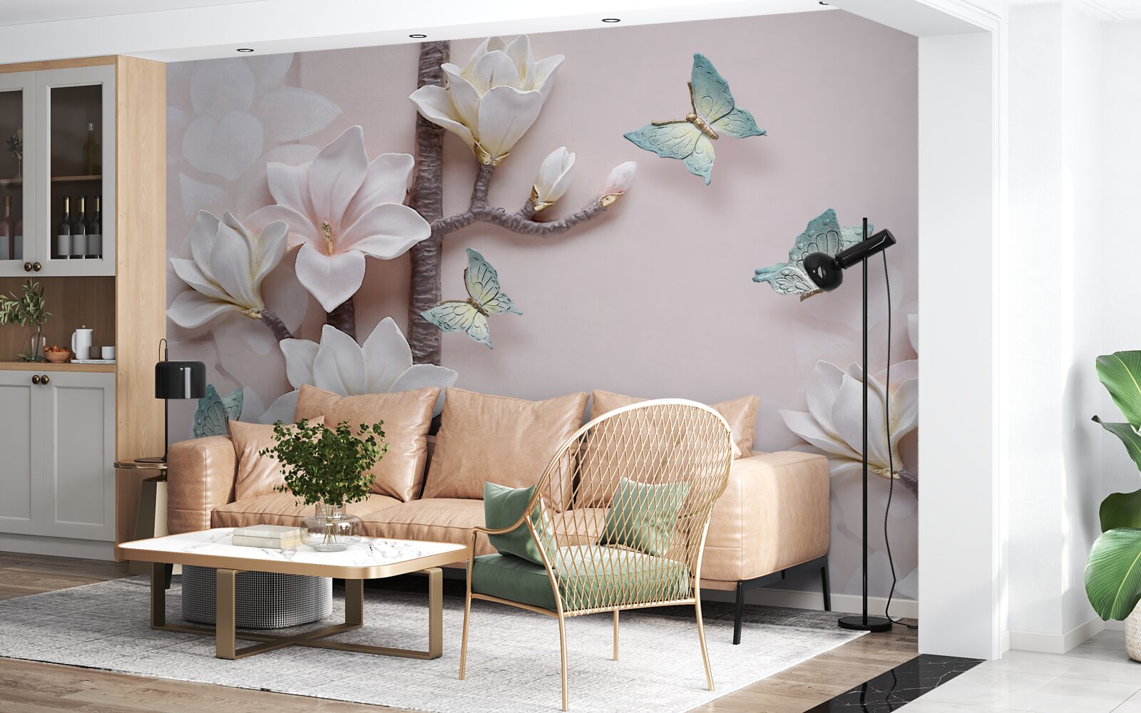 Fototapeta niebieskie motyle i białe kwiaty