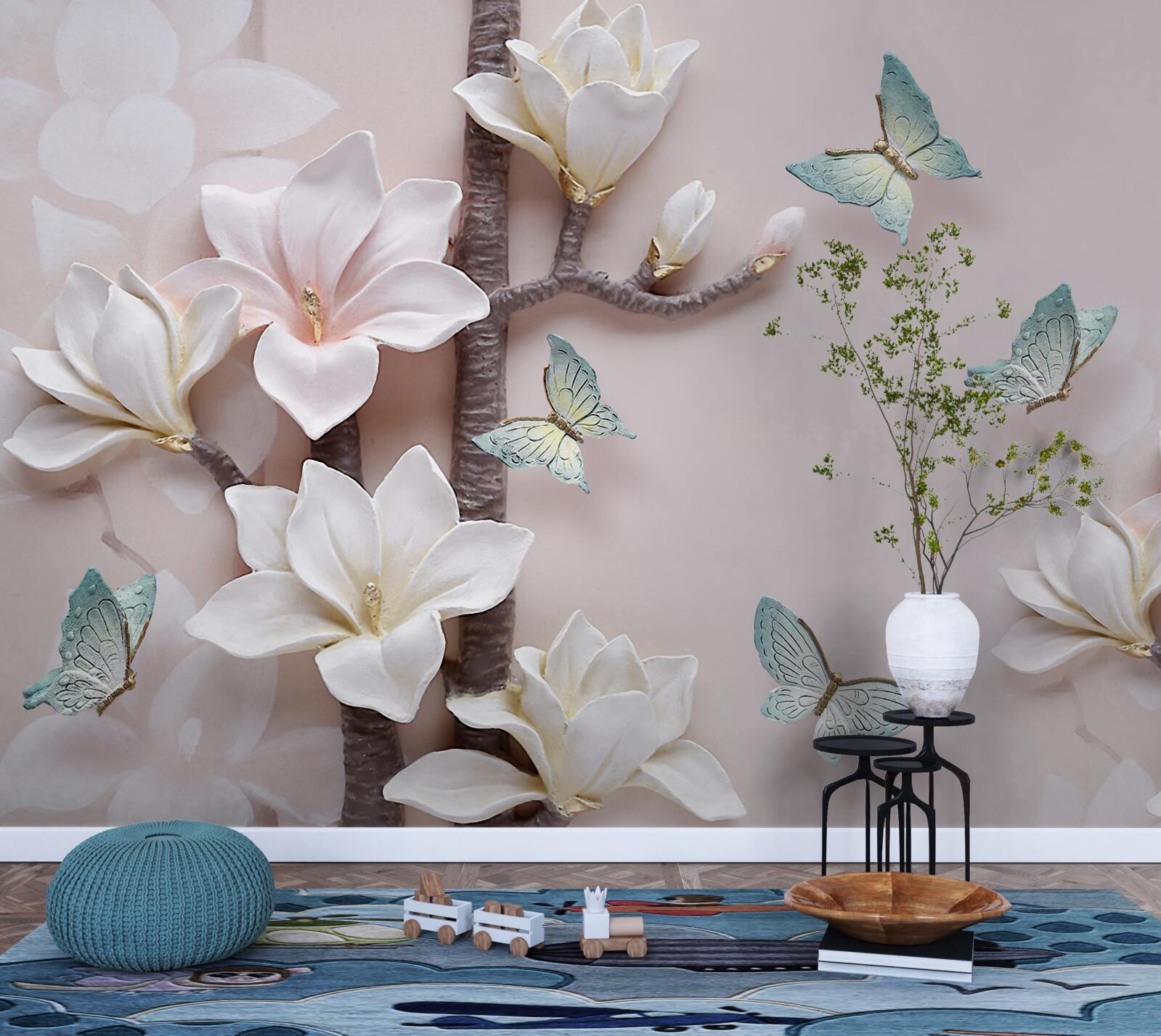 Fototapeta niebieskie motyle i białe kwiaty