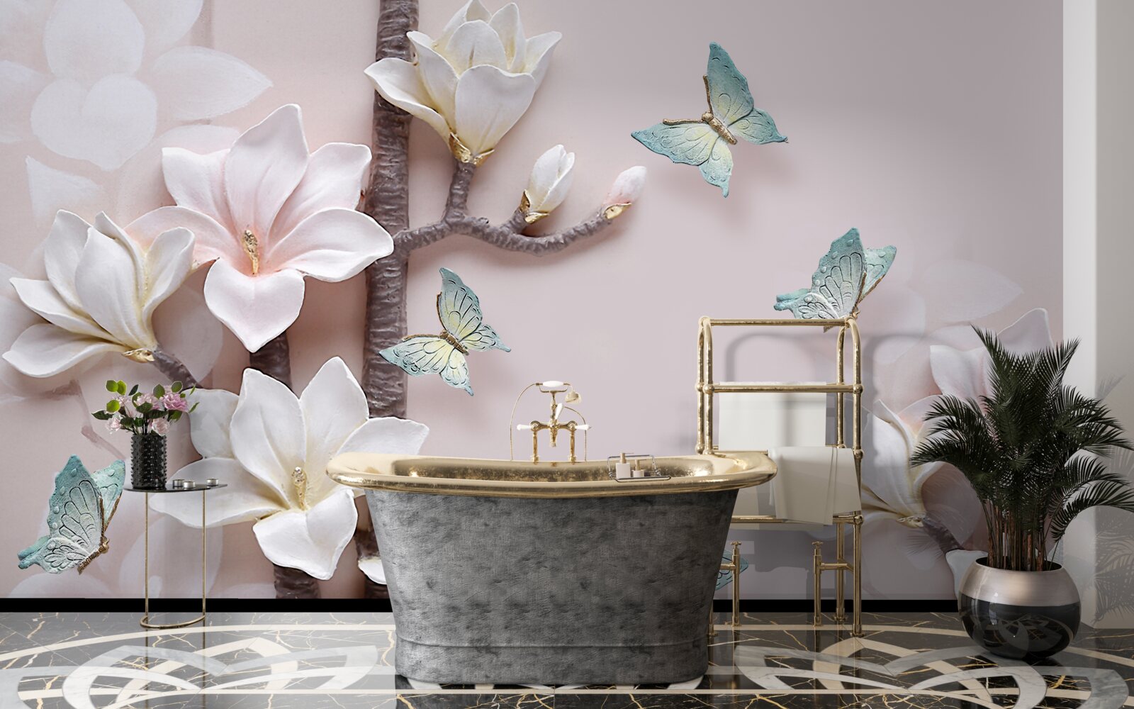 Fototapeta niebieskie motyle i białe kwiaty