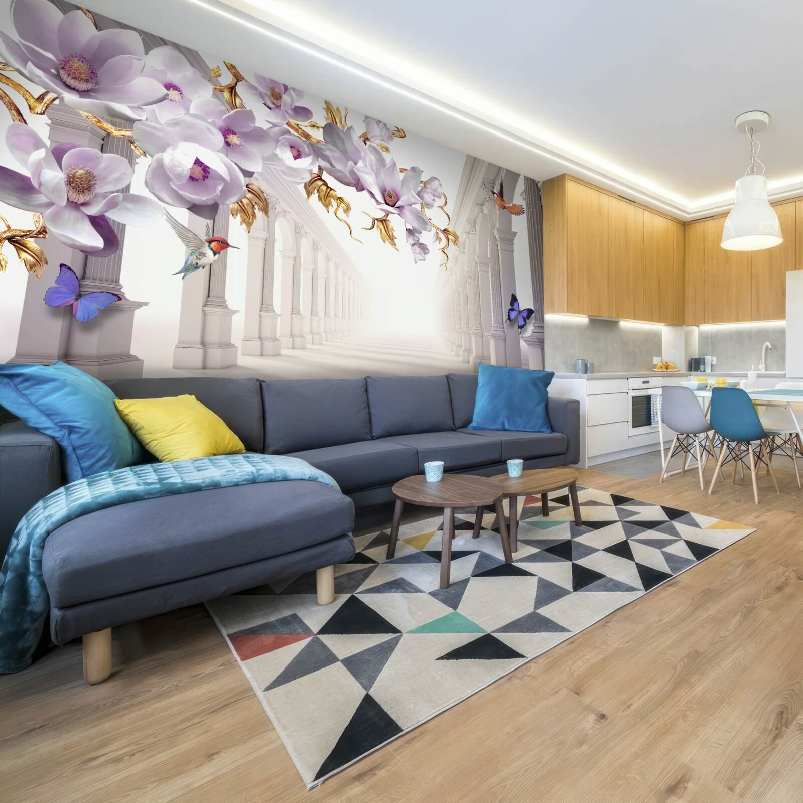 Fototapeta niekończący się tunel ozdobiony jasnymi kwiatami i motylami