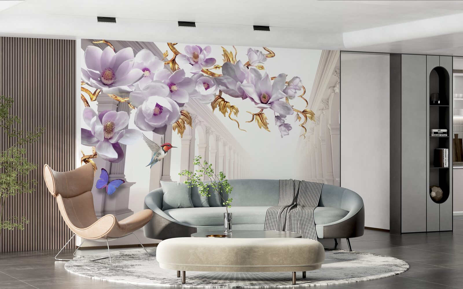 Fototapeta niekończący się tunel ozdobiony jasnymi kwiatami i motylami