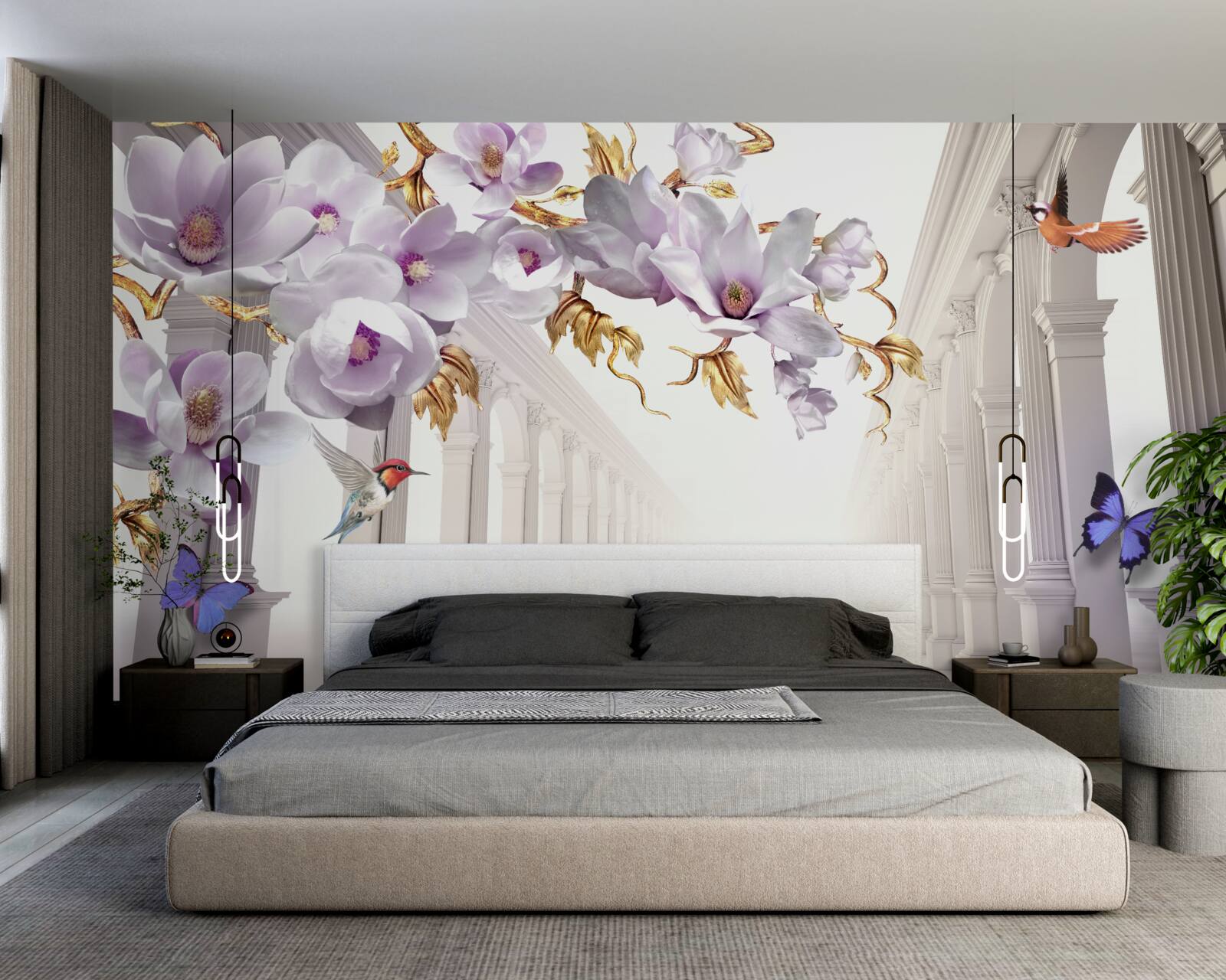 Fototapeta niekończący się tunel ozdobiony jasnymi kwiatami i motylami