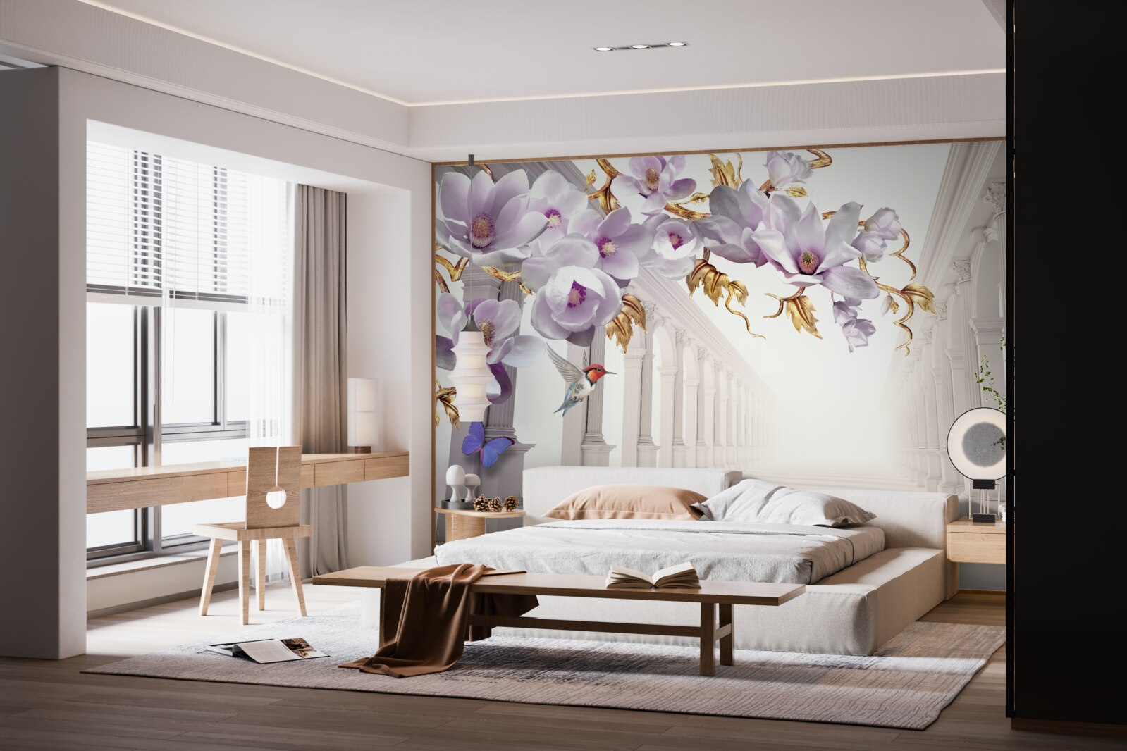 Fototapeta niekończący się tunel ozdobiony jasnymi kwiatami i motylami