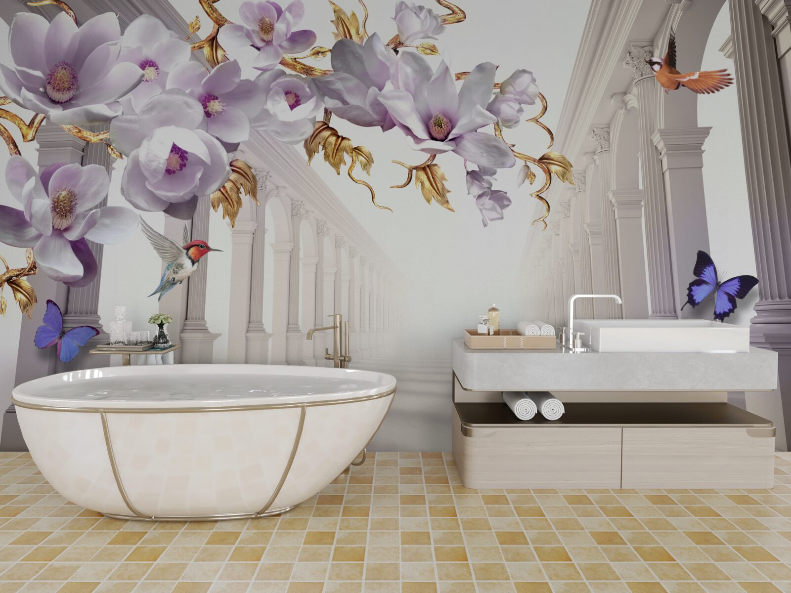 Fototapeta niekończący się tunel ozdobiony jasnymi kwiatami i motylami