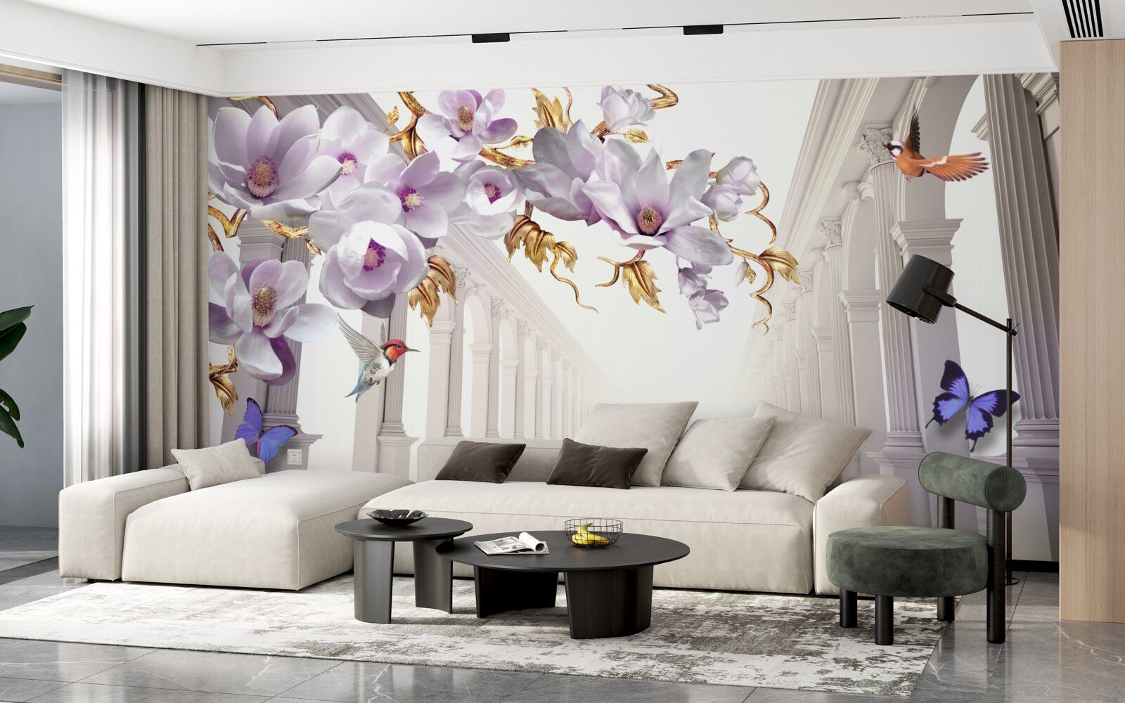 Fototapeta niekończący się tunel ozdobiony jasnymi kwiatami i motylami