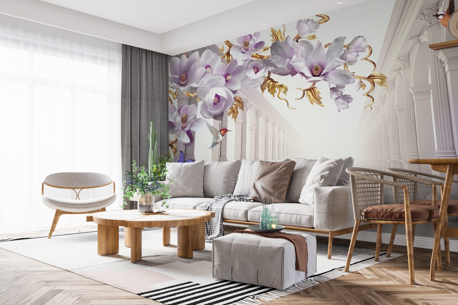 Fototapeta niekończący się tunel ozdobiony jasnymi kwiatami i motylami