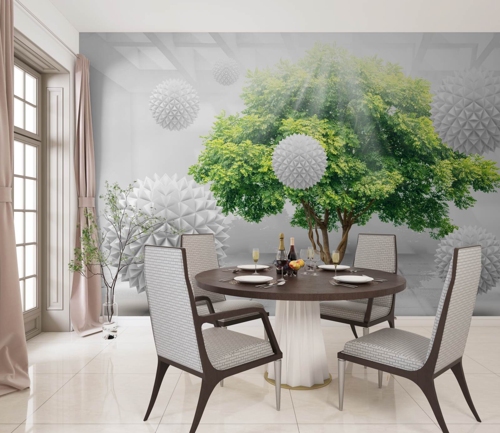 Fototapeta promienie słońca oświetlają białe kule, które kontrastują z zielenią drzewa