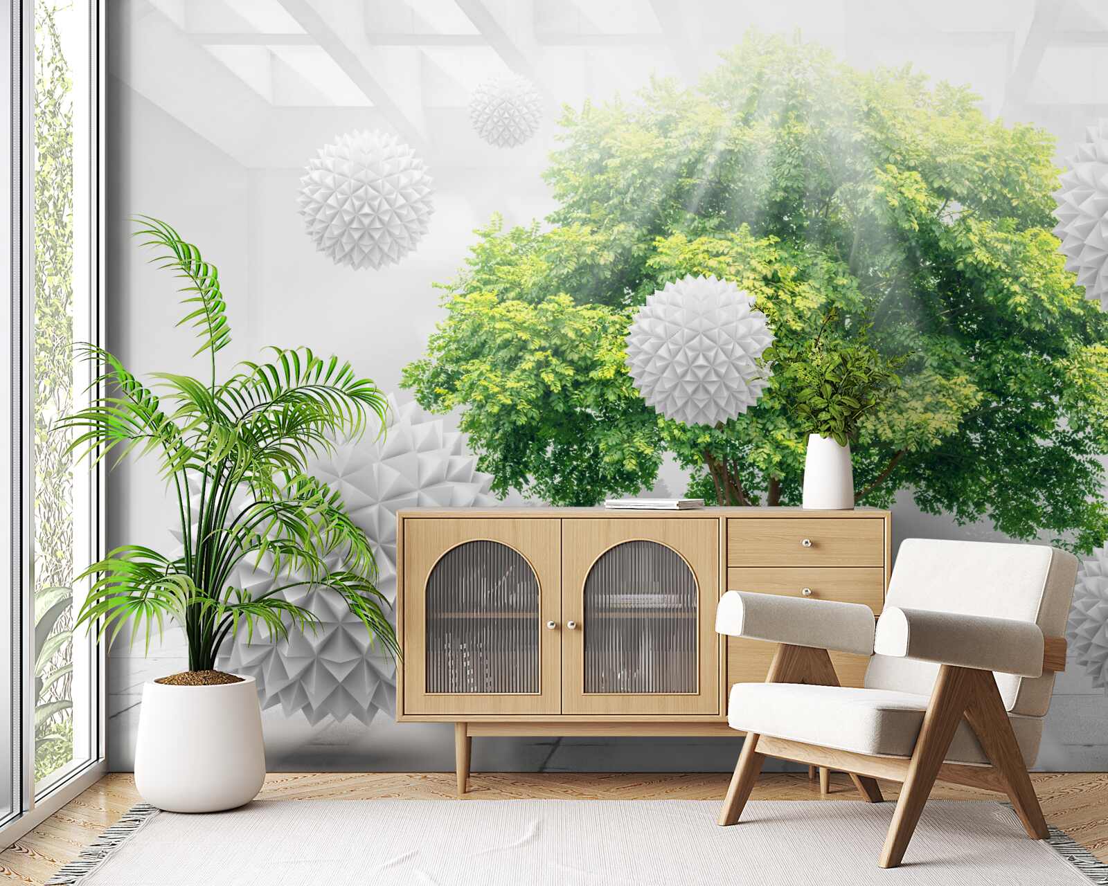 Fototapeta promienie słońca oświetlają białe kule, które kontrastują z zielenią drzewa