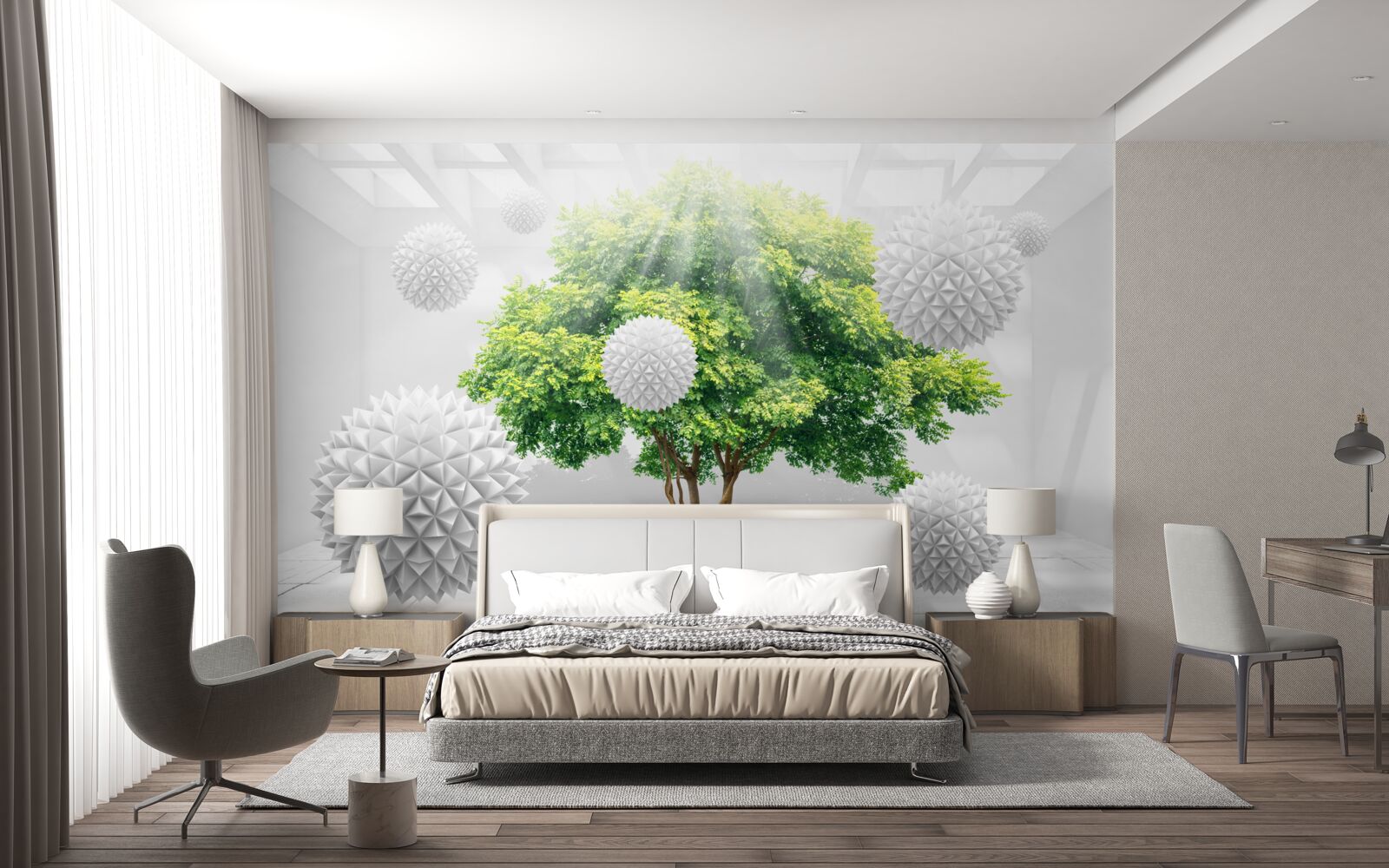 Fototapeta promienie słońca oświetlają białe kule, które kontrastują z zielenią drzewa