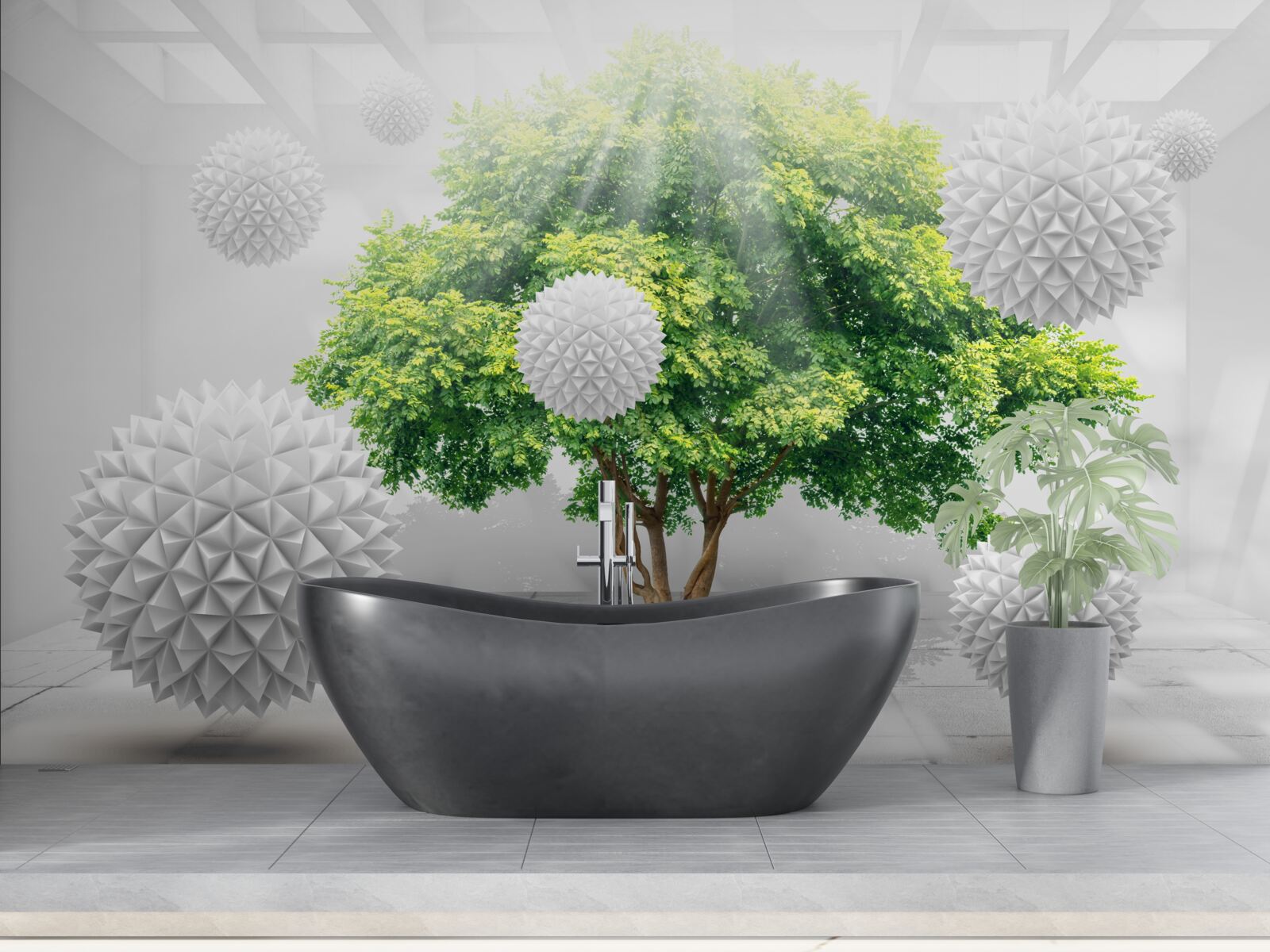 Fototapeta promienie słońca oświetlają białe kule, które kontrastują z zielenią drzewa