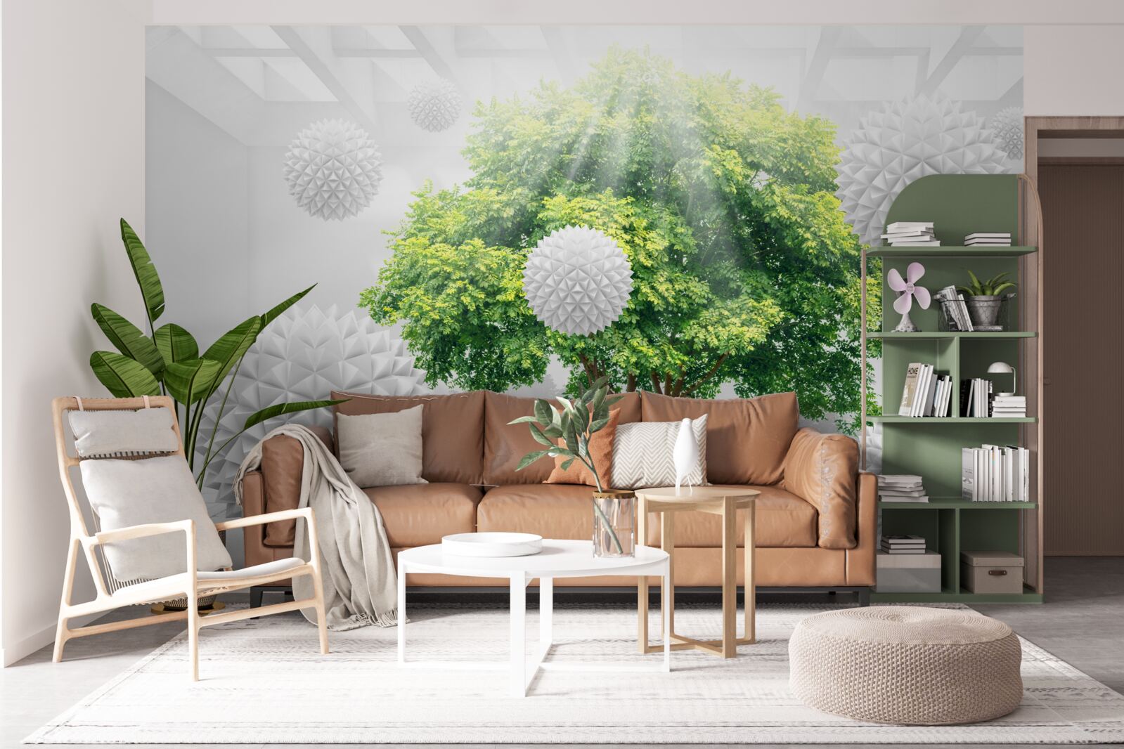 Fototapeta promienie słońca oświetlają białe kule, które kontrastują z zielenią drzewa