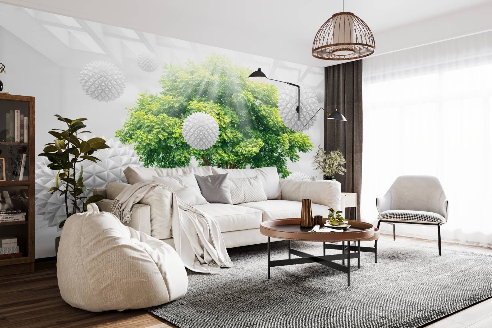 Fototapeta promienie słońca oświetlają białe kule, które kontrastują z zielenią drzewa