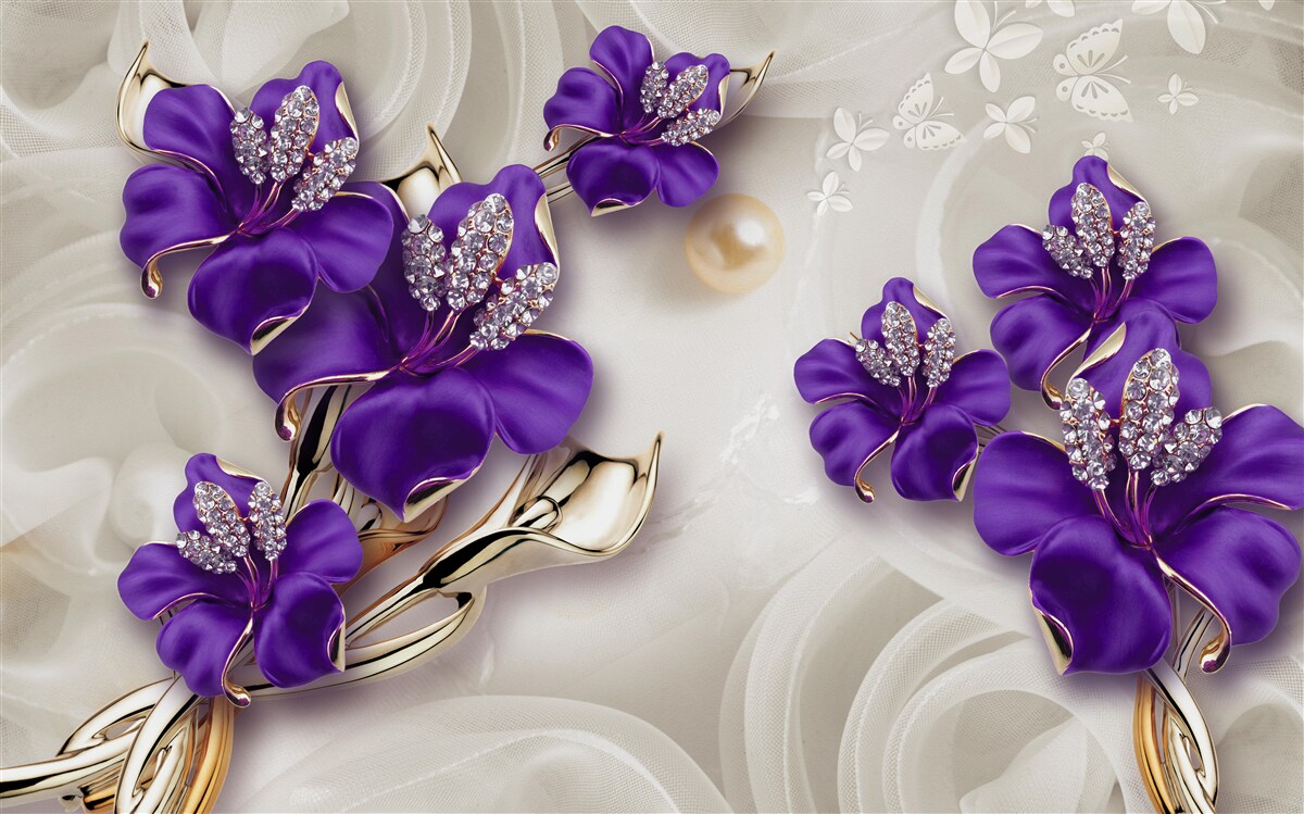 Fototapeta gałązki lilii w niebieskim odcieniu z perłowymi dekoracjami