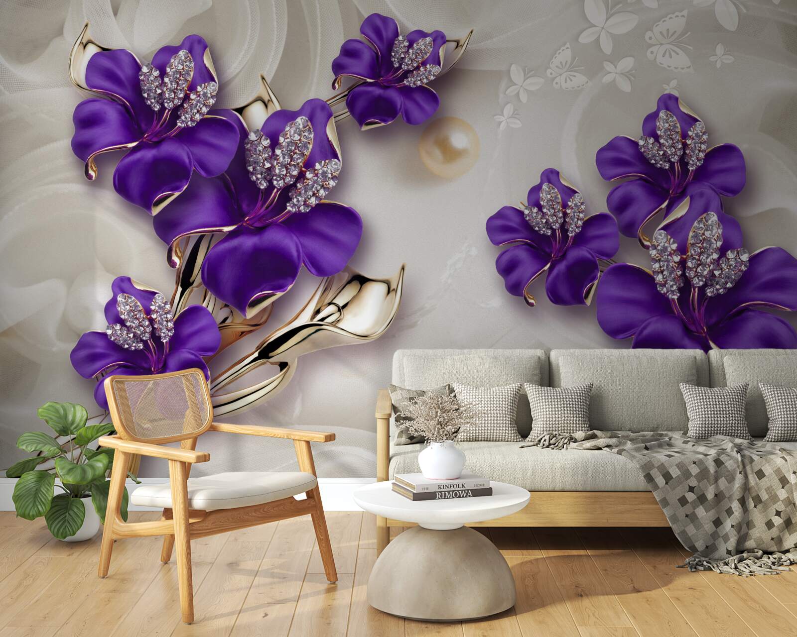 Fototapeta gałązki lilii w niebieskim odcieniu z perłowymi dekoracjami