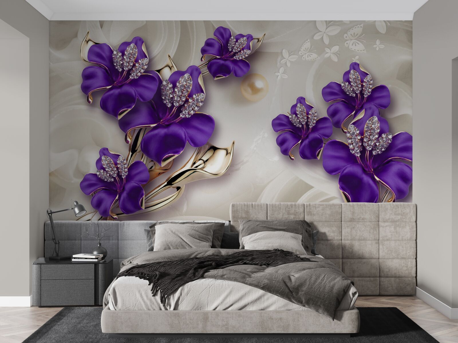 Fototapeta gałązki lilii w niebieskim odcieniu z perłowymi dekoracjami