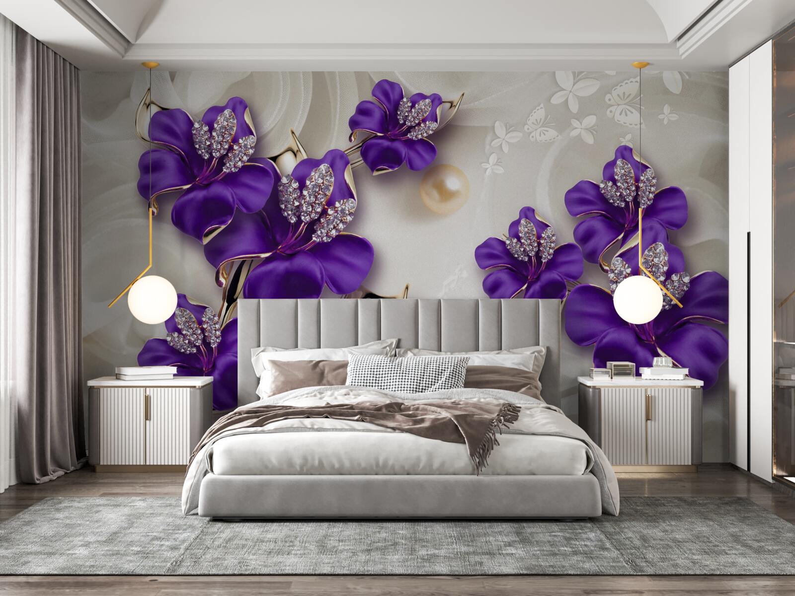 Fototapeta gałązki lilii w niebieskim odcieniu z perłowymi dekoracjami