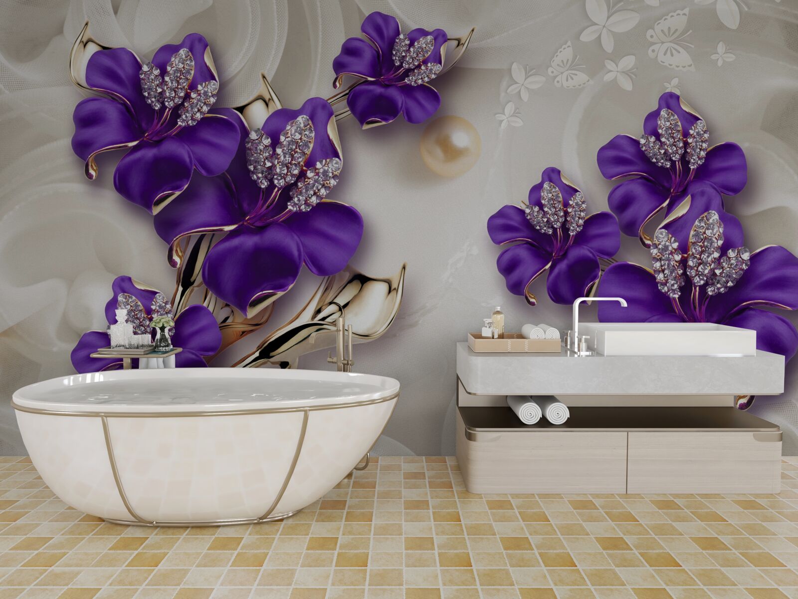 Fototapeta gałązki lilii w niebieskim odcieniu z perłowymi dekoracjami