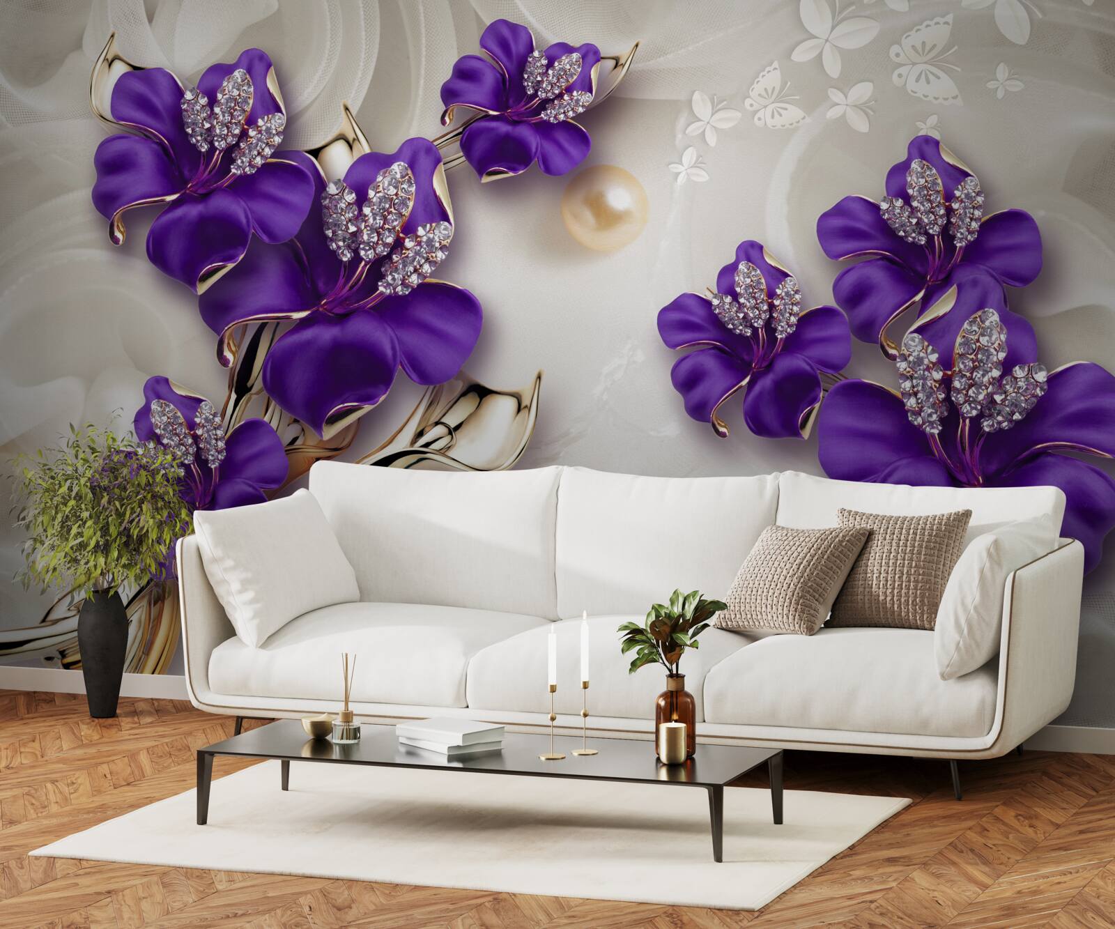 Fototapeta gałązki lilii w niebieskim odcieniu z perłowymi dekoracjami