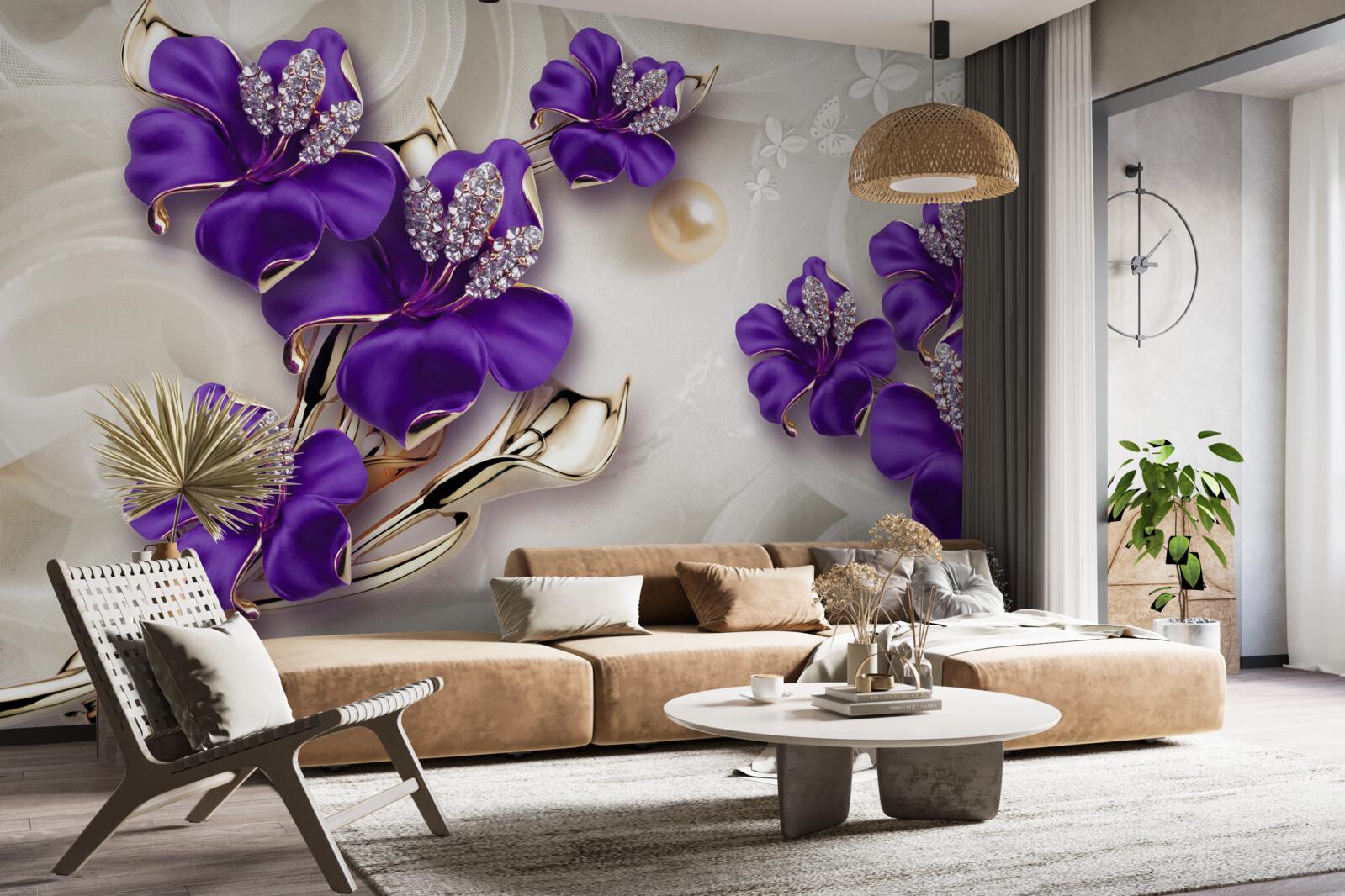 Fototapeta gałązki lilii w niebieskim odcieniu z perłowymi dekoracjami