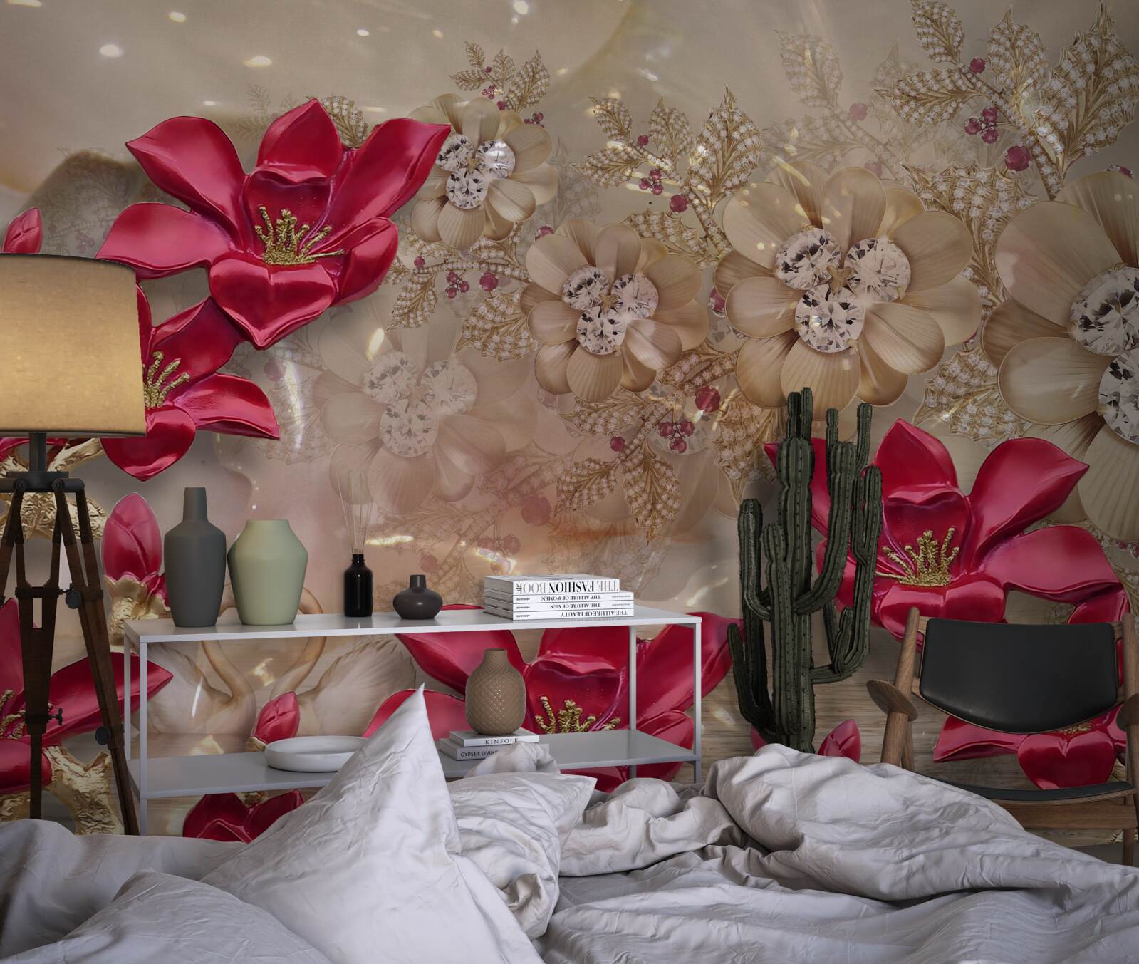 Fototapeta czerwone gałęzie ozdobione są złotem i perłami