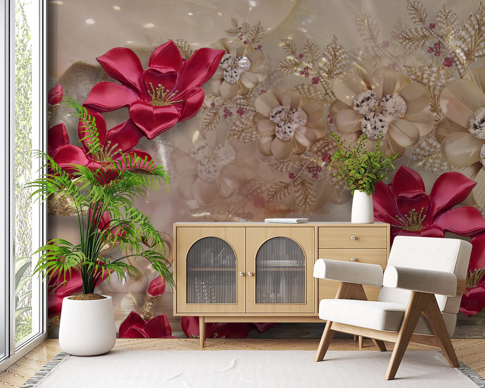 Fototapeta czerwone gałęzie ozdobione są złotem i perłami